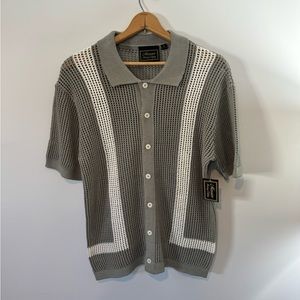 Sage Green Crochet-Style Knit Polo Shirt - Button Up Collared Short Sleeve